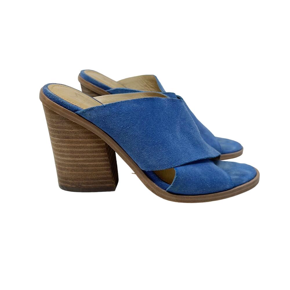 Marc Fisher Womens 6 Blue Suede Volla Sandals Stacked Block Heel Cross Straps